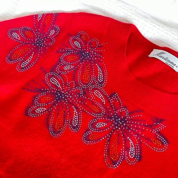 Vintage Martinna Collection Rhinestone Floral Cashmere Sweater Red - Picture 7 of 12